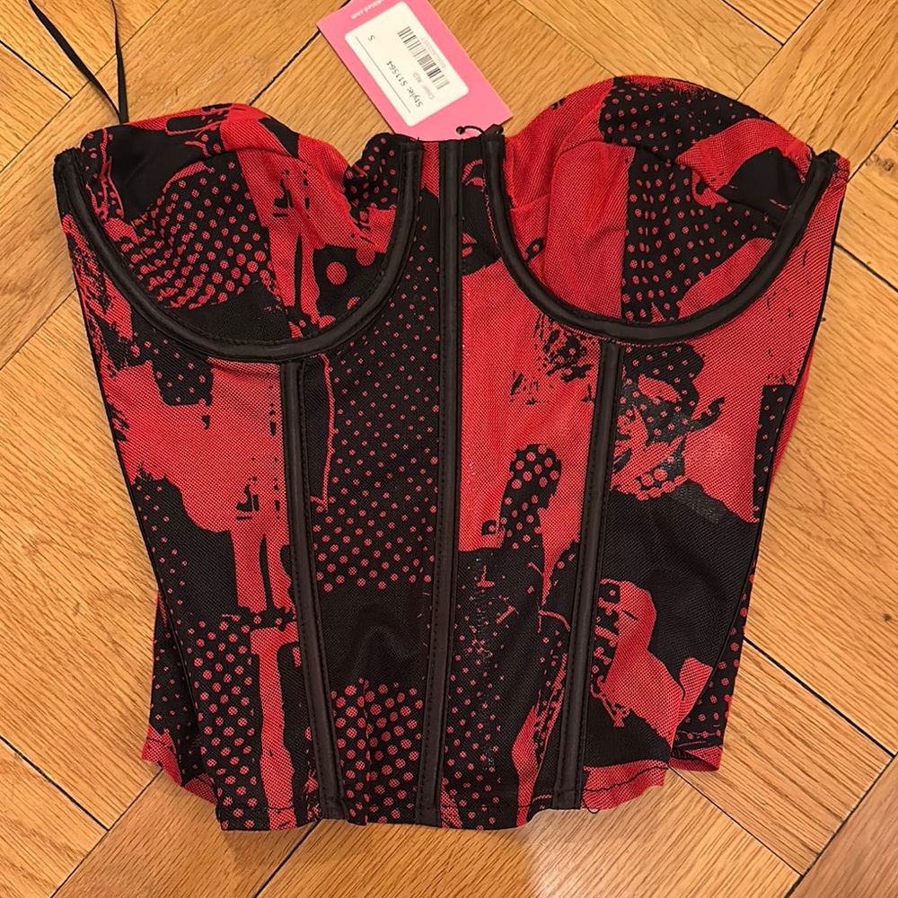 Edikted Red and Black Graphic Strapless Bustier